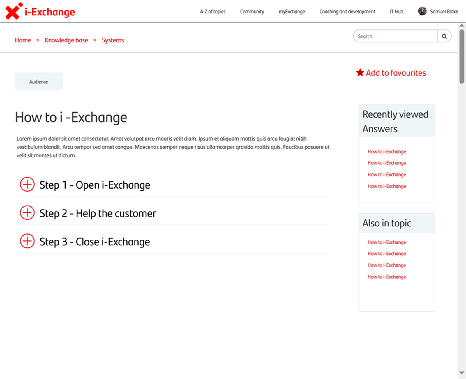 Original i-Exchange article page showing collapsed accordions hiding content from the search engine, no version history, no feedback mechanism, and broken breadcrumb navigation