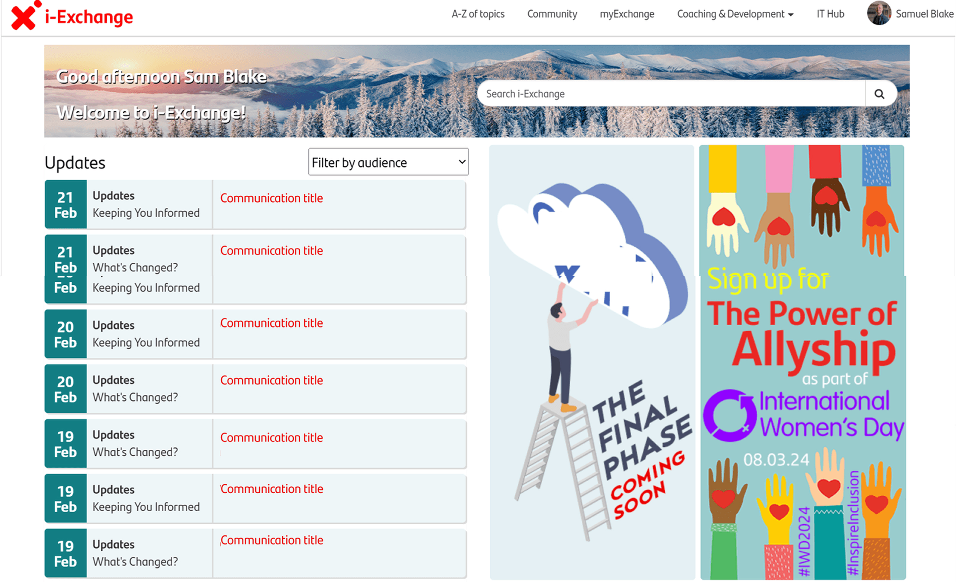 Original i-Exchange homepage showing cluttered navigation bar, decorative hero section used only for decoration, and a single communications list mixing incident alerts with general updates