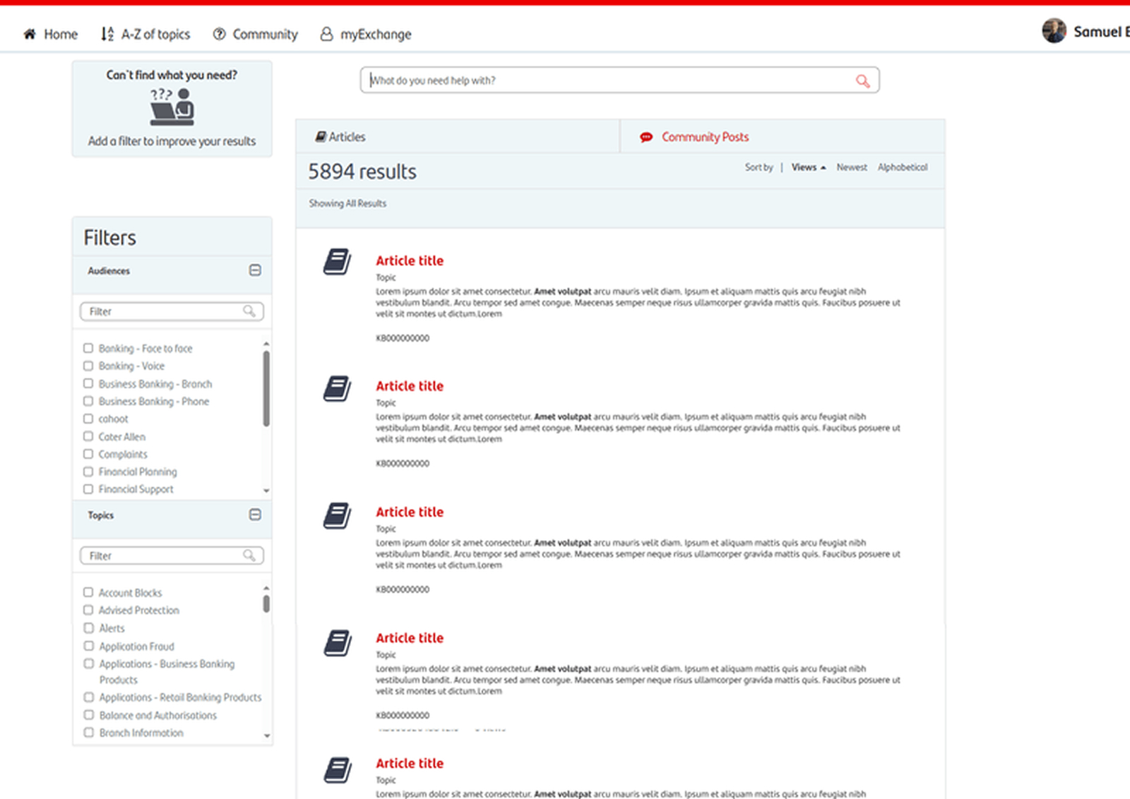 Original i-Exchange search results page showing minimal result cards with only title and article ID, no audience filter in the search bar, and no suggestions for failed queries