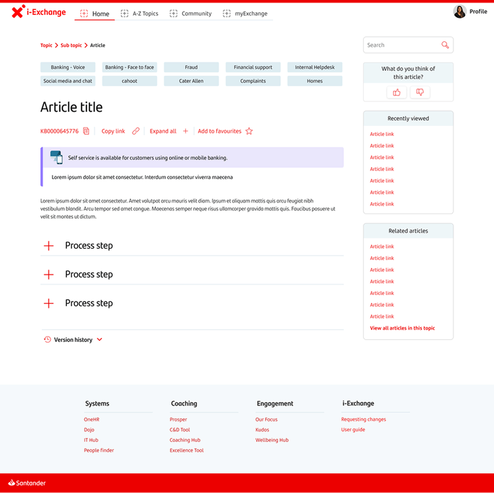 Redesigned i-Exchange article page showing the new version history panel, feedback mechanism, digital adoption banner, expand-all accordions, and fixed copy and share features