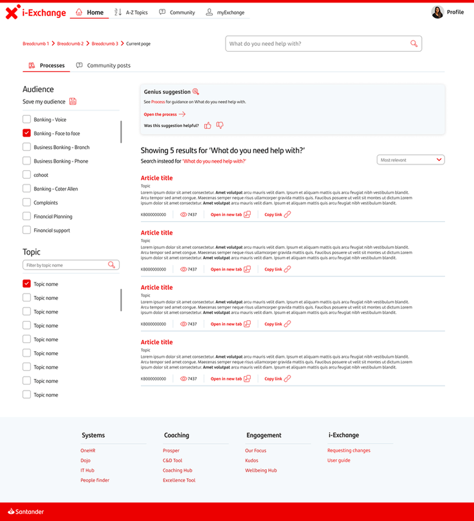 Redesigned i-Exchange search page with AI-powered engine, audience filter persistent in the search bar, genius result suggestions, autocorrect, and richer result cards with view count and share link