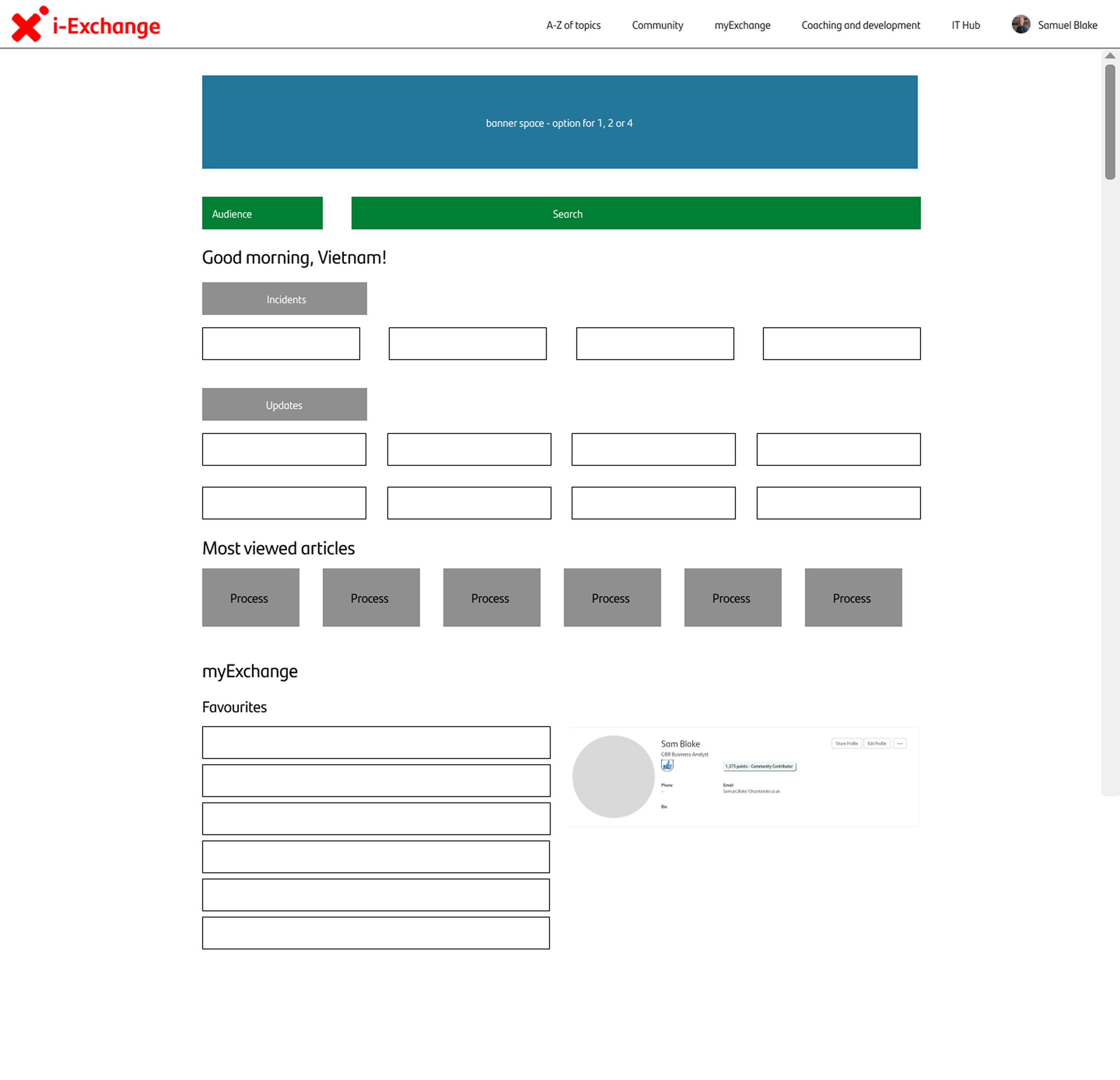 First wireframe of the redesigned i-Exchange homepage exploring layout options for communications and favourite processes sections