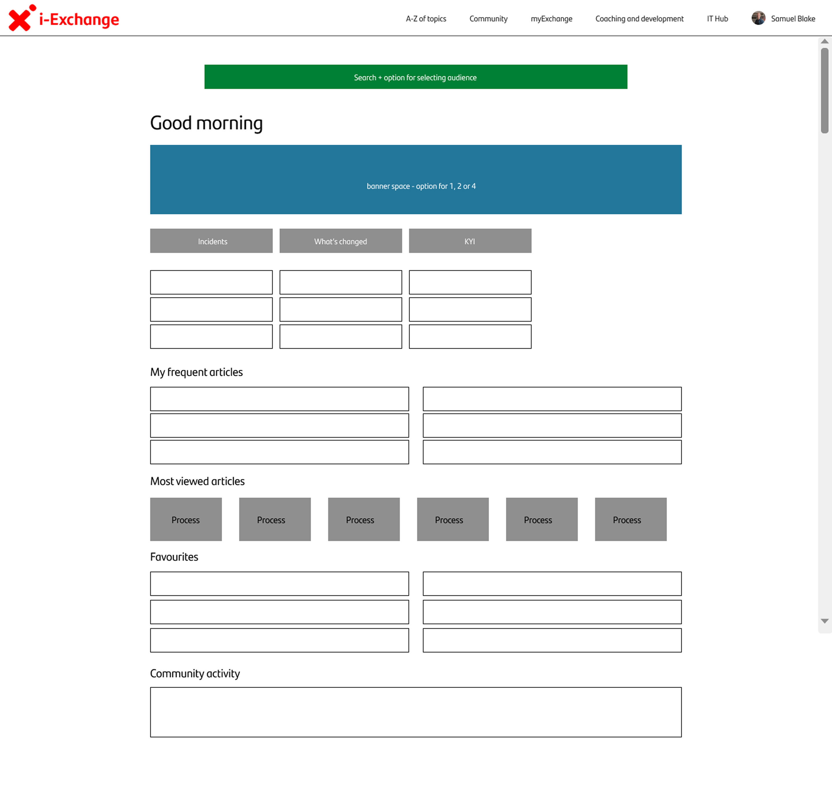 Second wireframe of the redesigned i-Exchange homepage incorporating a profile feature to emphasise personalisation and the saved audience concept